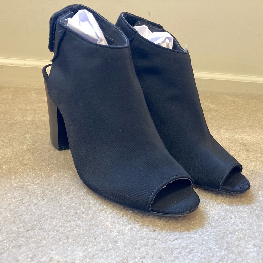 Chinese Laundry black fabric velcro strap ankle bootie heels